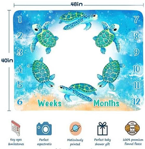 Turtle Milestone Blanket Blue Sea Life Baby Blanket Beach Newborn Gift with Week Months Swaddling Bag 48x40in BTLSFH127...